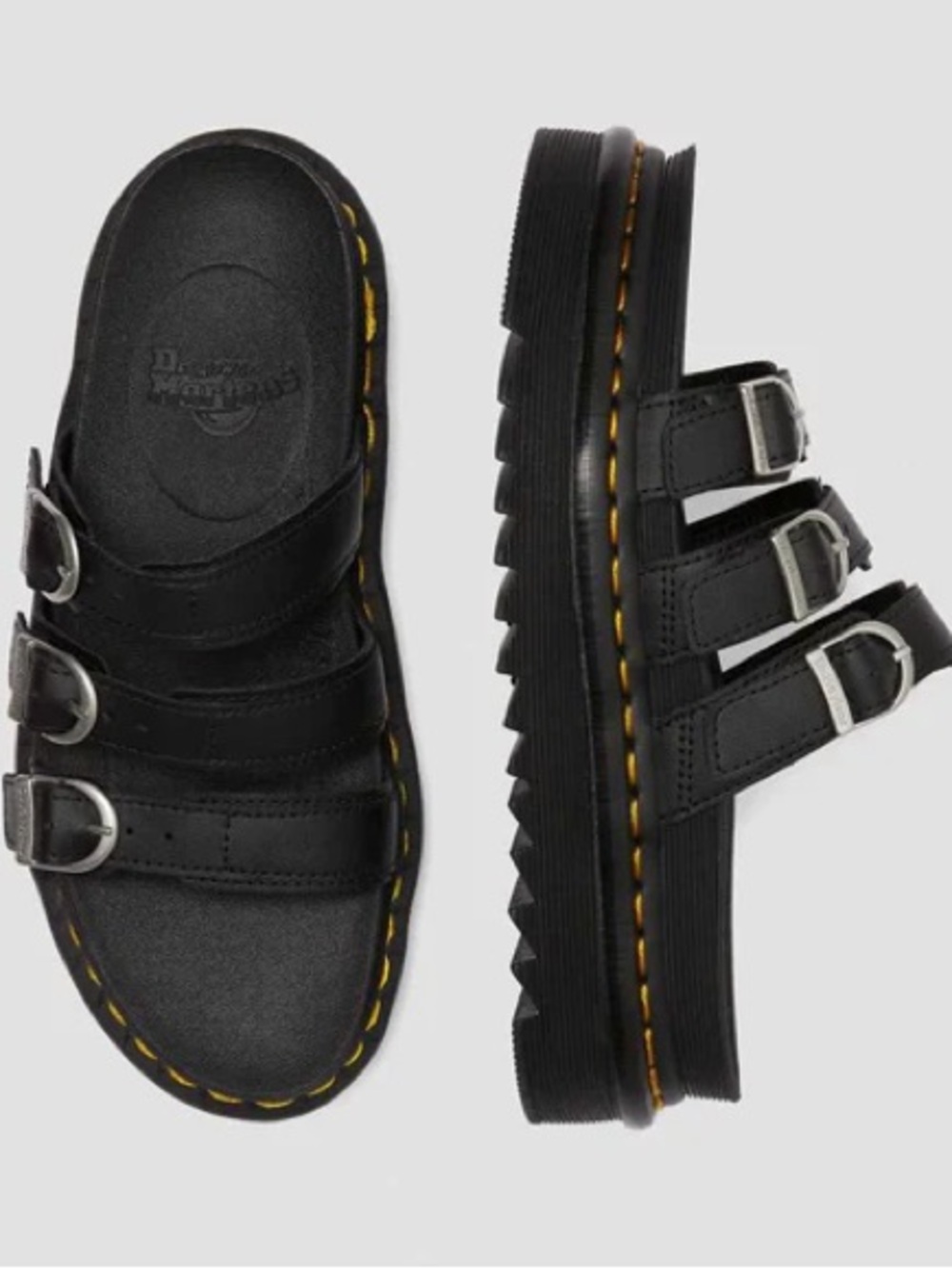 Dr. Martens Black “Blair” Triple-Buckle Leather Slides w/ Yellow Welt Stitching
